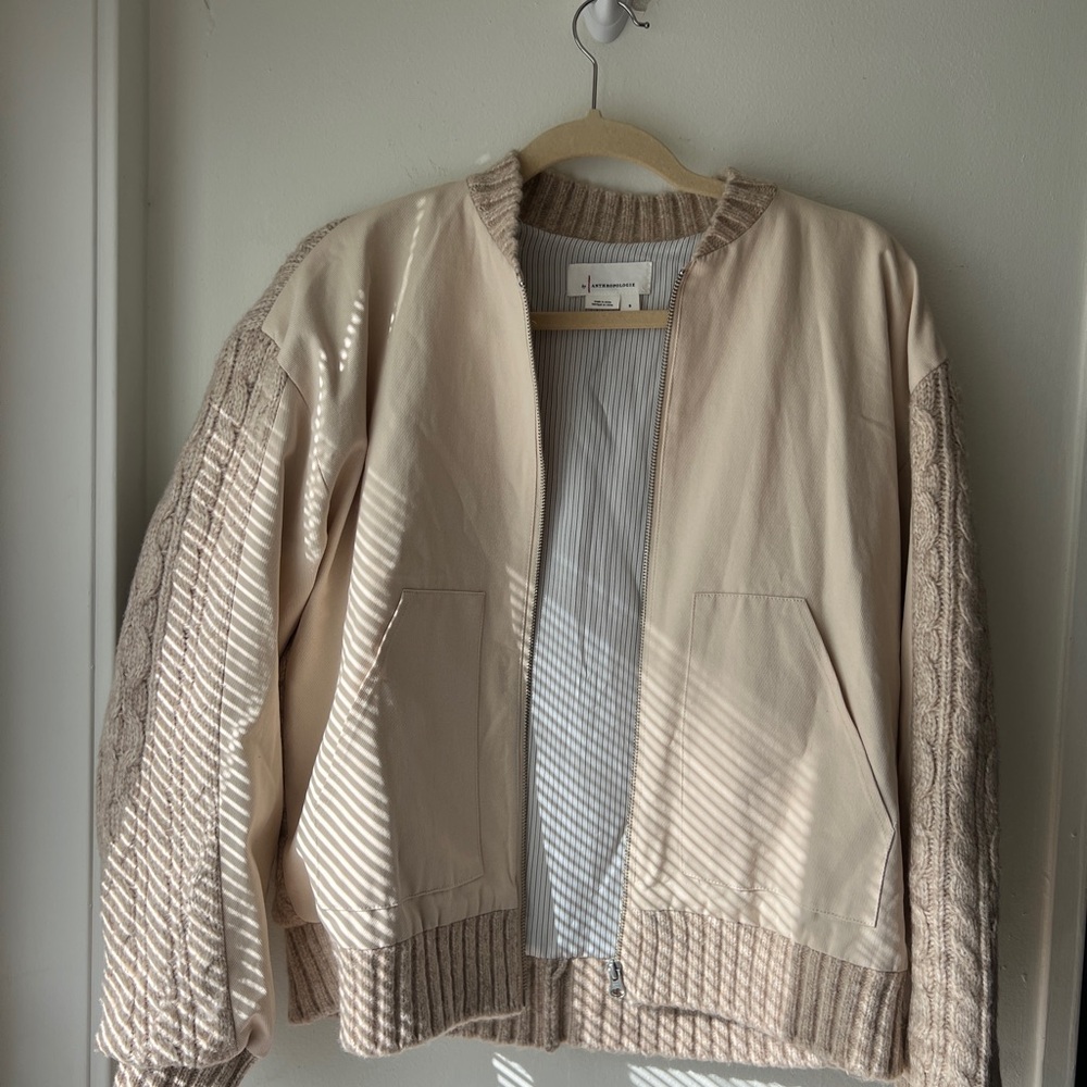 Anthropologie Beige Bomber Jacket with Cable Knit Sleeves